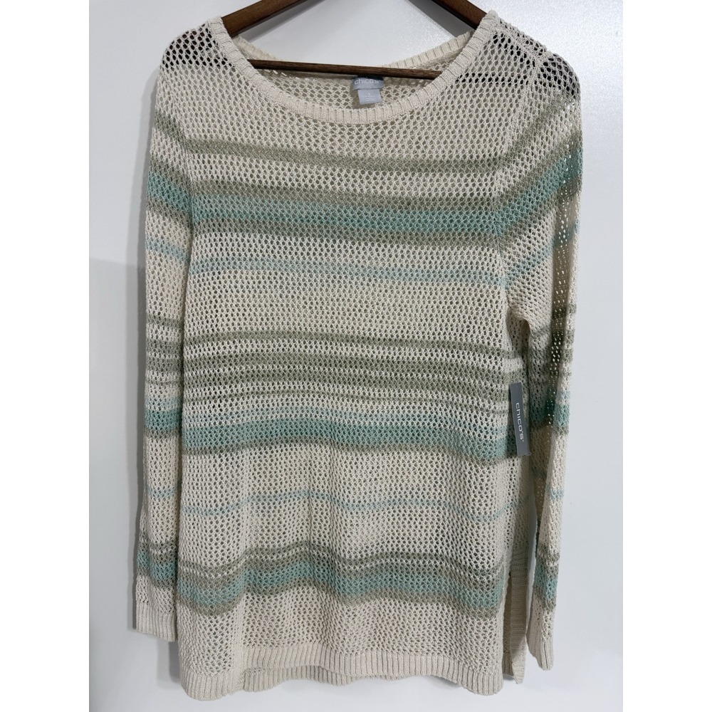 Chico's Pullover Sweater‎ Textured Stripe Frosted Jade Size 3 NWT $99 Open Weave